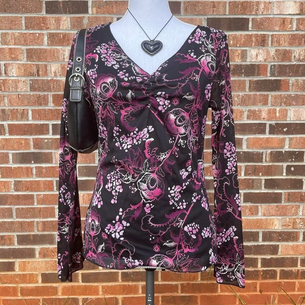 Y2K Wrapper Micro Mesh Fairy Black Pink Flower Long Sleeve Top